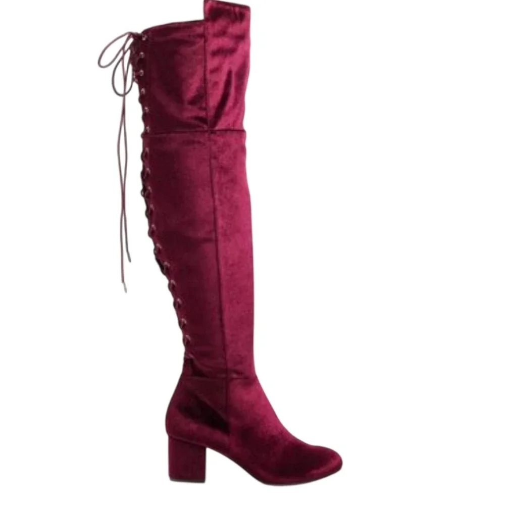 Torrid Burgundy Velvet Lace Up Back Over The Knee Boots Wide Width 9.5W 15870520